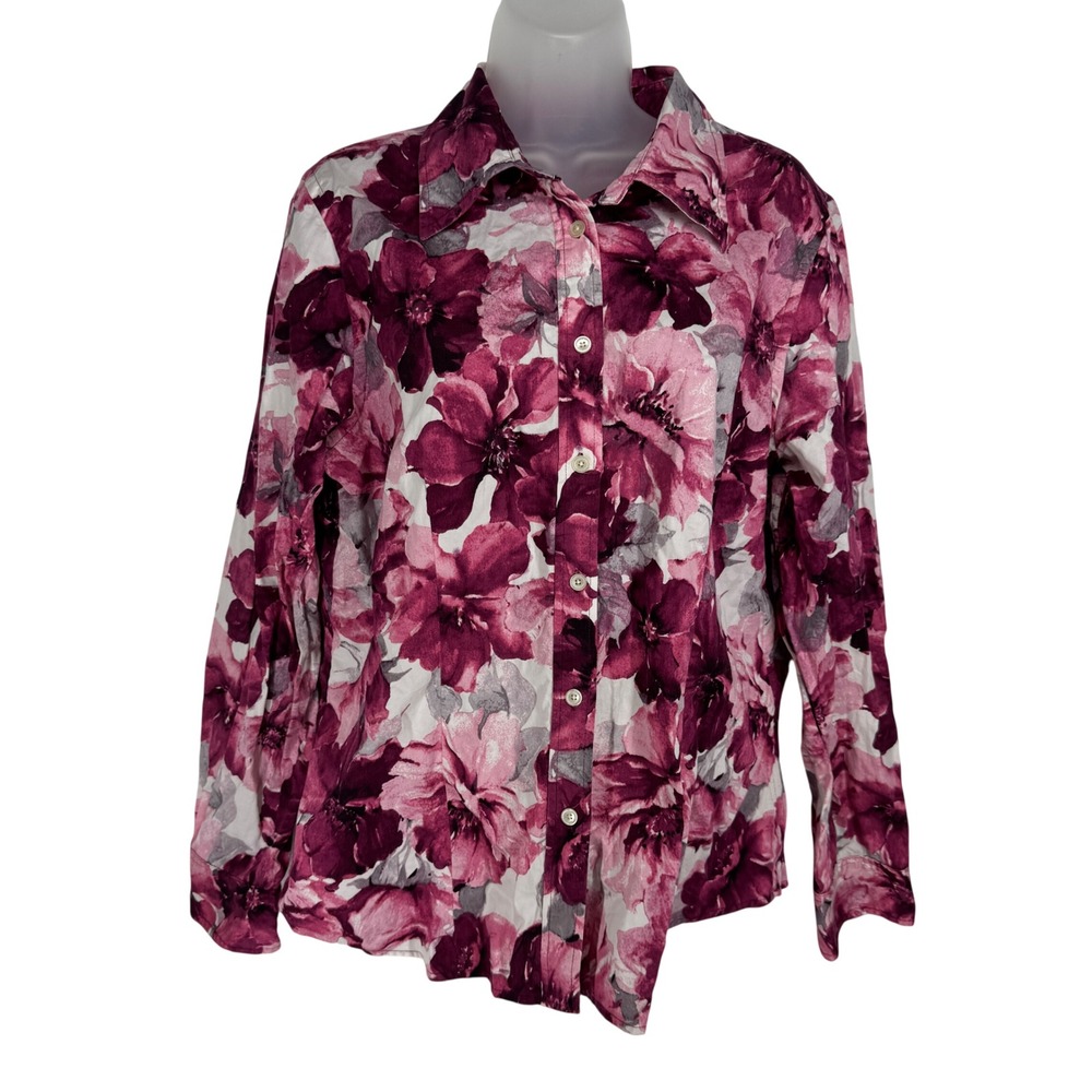 Vintage Womens Watercolor Floral Button Shirt Size L Cotton Pink Office Preppy